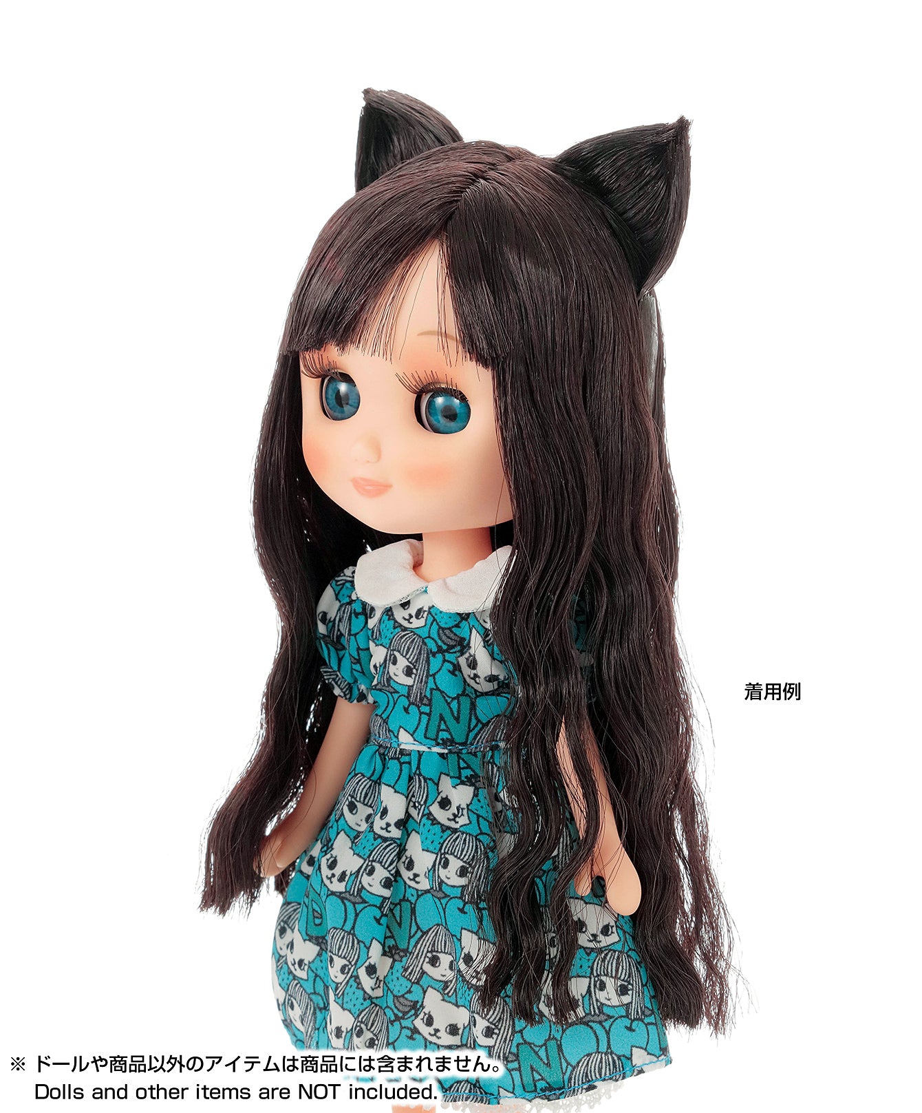 7-8 inch Doll Wig, Cat Ears Wavy Long, Soft Black / ねこみみ横分けウエーブロングウィッグ ソフトブラック